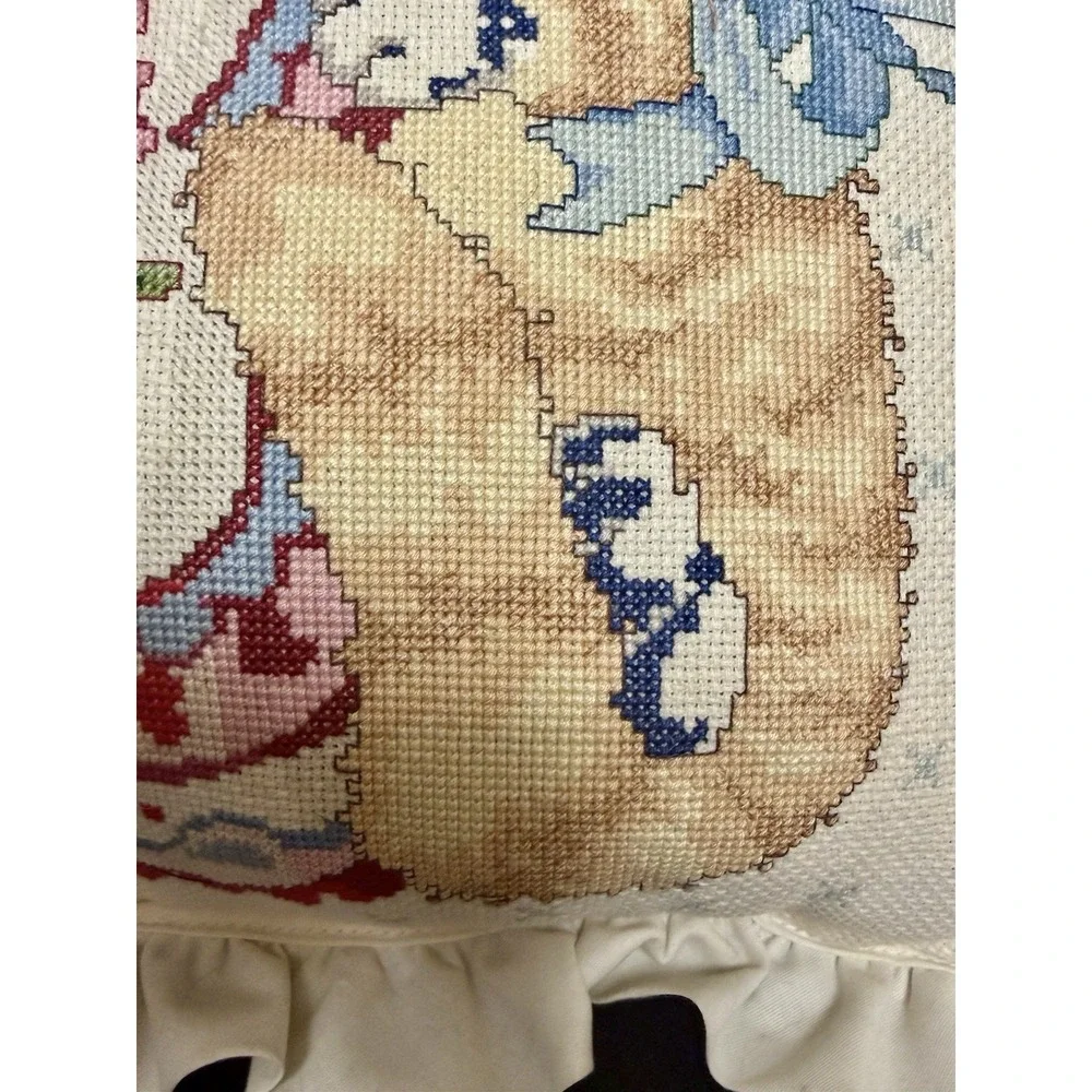 Adorable Vintage Needlepoint Pillow Pink Florals Ruffled Edge Blue Bow